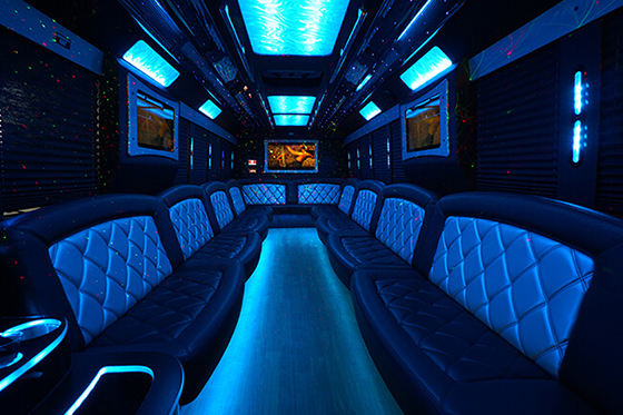 Party bus with ceiling lighting